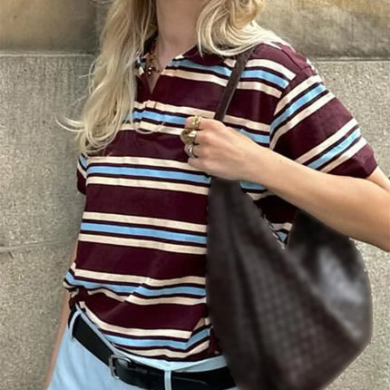 Women Summer Basic T-Shirt Casual Striped Print Lapel Short Sleeve Tops For Streetwear Aesthetic Grunge Clothes Hot Sale S-XL