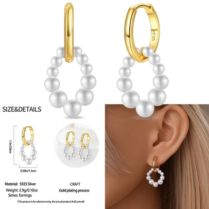 925 Sterling Silver Gold Pearl Hoop Earrings Pave Large Circular Shape Earring Gift for Women Jewelry Anniversary Wedding