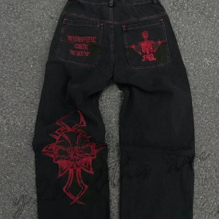 American Street Trend Letter Embroidered Loose Jeans Men Harajuku Y2K New Hip Hop Oversized Wide-leg Pants Unisex Mopping Jeans