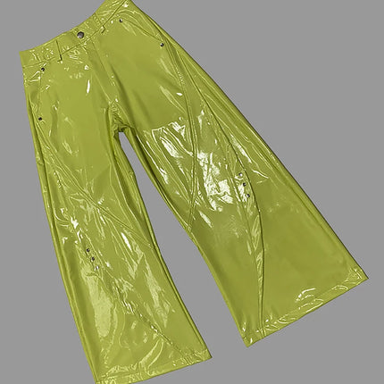 Nerazzurri Spring Autumn Studded Soft Shiny Bright Reflective Patent PVC Leather Wide Leg Pants for Men Y2K Streetwear Fashion