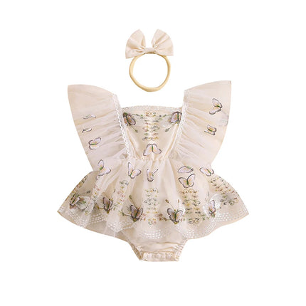 Summer Infant Baby Girl Rompers Dress Lace Trim Butterfly Embroidered Fly Sleeve Tulle Jumpsuit Bodysuits Clothes with Headband