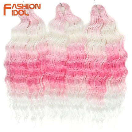 FASHION IDOL 24" 3pcs Deep Wave Curl Hair Synthetic Water Wave Braiding Hair Extensions Ombre Rainbow color Twist Crochet Hair