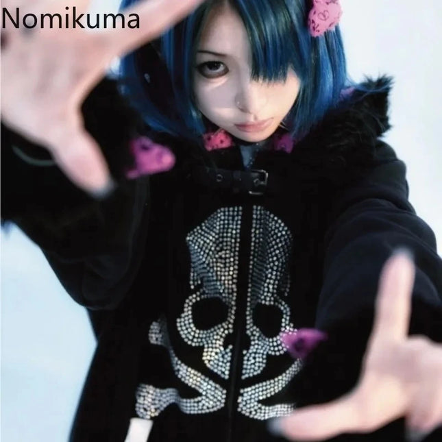 Gothic Y2K Hoodied Jackets Women Harajuku Fashion Hooded Coats Skull Thicked Casual Black Tops Winter Sweatshirts Punk Hoodie