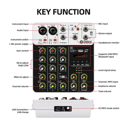 Debra NEW V4 Audio Mixing Console Bluetooth USB Record PC 48V Phantom Power Delay Repaeat Effect 4 Channels USB Audio Mixer.