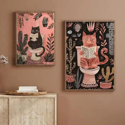 Pink Black Cat Dog Frog on The Toilet Reading Poster Bath Prints Animals Canvas Painting Wall Art Pictures for Toilet WC Decor