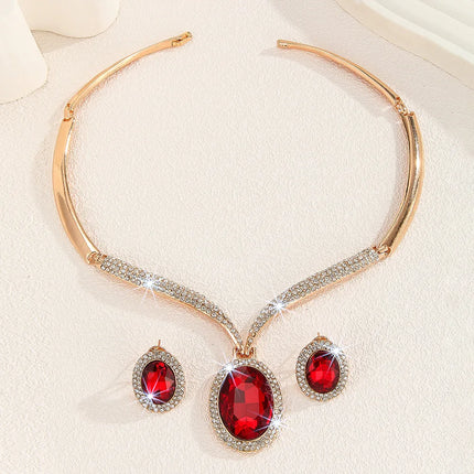 Luxury Red Crystal Necklace Earrings Jewelry Set for Women