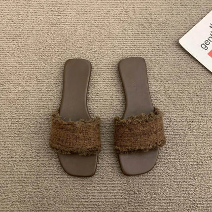 Vintage Summer Open Toe Weave Women Flats Slippers Shoes Concise Outdoor Beach Vacation Ladies Dress Slides
