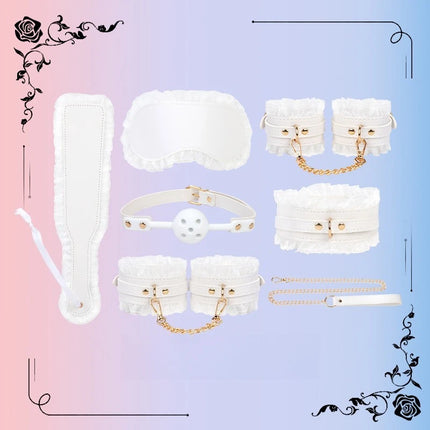 Sexy Lace Hand and Foot Cuffs with Leash Collar Bondage Seven-Piece Set Maid Training Props Couple Role-Play Intimate Toys 18+