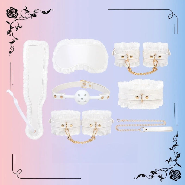 Sexy Lace Hand and Foot Cuffs with Leash Collar Bondage Seven-Piece Set Maid Training Props Couple Role-Play Intimate Toys 18+