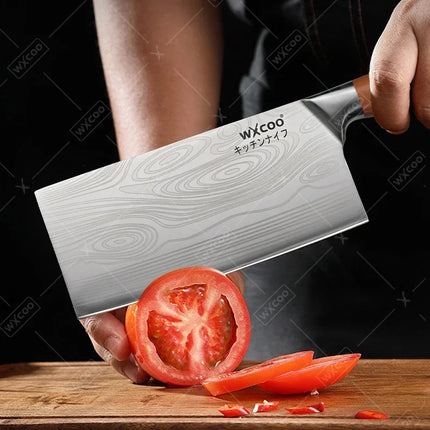 WXCOO Stainless Steel Chef Knife Household Kitchen Knife Laser Damascus Pattern Slicing Scissors Cleaver Fruit Knife Holder