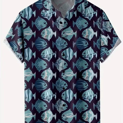 Fish pattern print, men's fashionable short sleeved shirt, loose top, outdoor street, casual and comfortable
