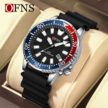 OFNS High Quality Fashion Men's Quartz Watch Calendar Luminous Display 50M Waterproof Luxury Watches Rubber Strap Men's Watch