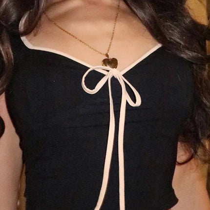 Y2K Summer Crop Top Bow Baby Tees Women's Clothes Chic Cute Low Cut Short Sleeve T-Shirts Black