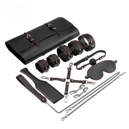 XXOO Erotic Tied Bondage Kits Sex Slave Restraint Set Ankle Cuffs Handcuff Collar Gag Whip Blindfold Genuine Leather Suit