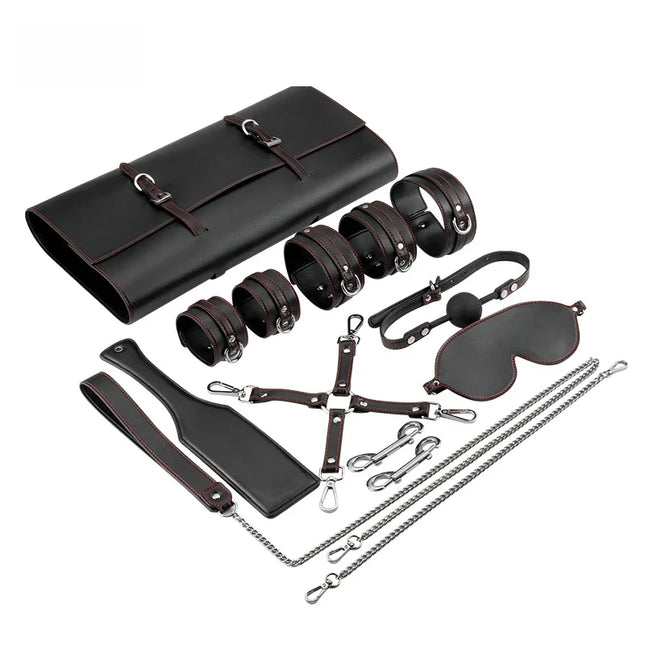 XXOO Erotic Tied Bondage Kits Sex Slave Restraint Set Ankle Cuffs Handcuff Collar Gag Whip Blindfold Genuine Leather Suit