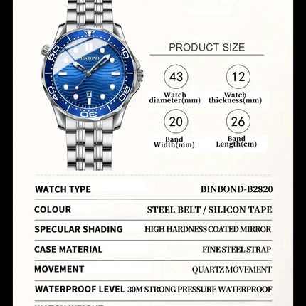 BINBOND Fashion Business Ultra-thin Seahorse Series Men's Quartz Watches Waterproof Luminous Sport Multifunction Men's Wristwatch
