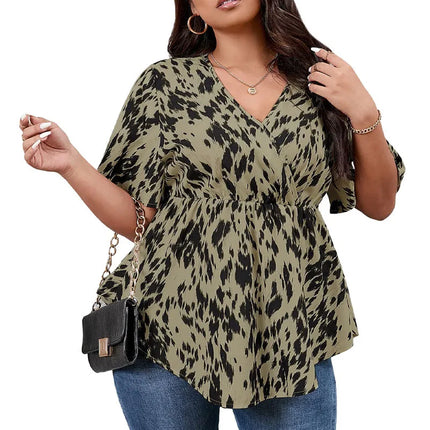Plus Size Women's Shirts, All-Over Printed V-Neck Short-Sleeved Shirts, Elastic Waist Summer Casual Tops
