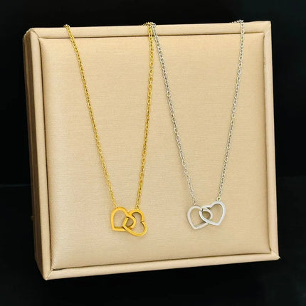 Simple Double Heart Pendant Necklace for Women Couple Stainless Steel Choker Gold Color Chain Wedding Party Friends Jewelry Gift