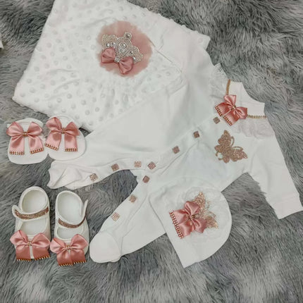 Baby Girl Boy Princess Prince Hospital Exit Newborn Bling Outfits Baby Bottles Gift Set Baby Shower Gift 5pcs Crown Romper