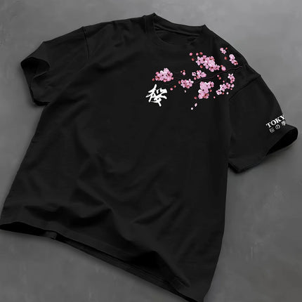 Summer Men Cherry Blossom Pattern Japanese Style Loose-Tee Shirt Suitable for Daily Wear 100% Cotton Material Trendy Versatile