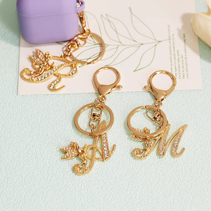 A-Z Rhinestone Elf Girl Letter Keychain Gold Color Initial Name Keyrings Girls Car Key Holder Handbag Purse Charms Decoration