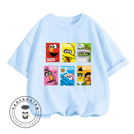 2026 Summer Cute Kawaii Sesame Street Crew Neck Tshirt 3-14Y Kids Boys Girls Cartoon Street Hot Fashion Outdoor Casual