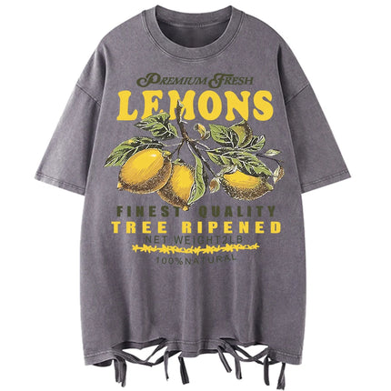 Premium Fresh Lemons Fruit Print Women Washed T-Shirts Y2K Comfortable Short Sleeve Loose All-Match T-Shirt Cotton Hip Hop Top