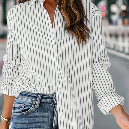 Plus Size 1XL-5XL Women's Casual Striped Long Sleeve Button Shirt New Fashionable Cotton Polyester Blend Top