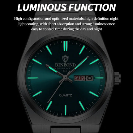 BINBOND  Luxury Men Quartz Watch Waterproof Date Week Luminous Wristwatch Stainless Steel Men's Watches Male Clock Sports Reloj