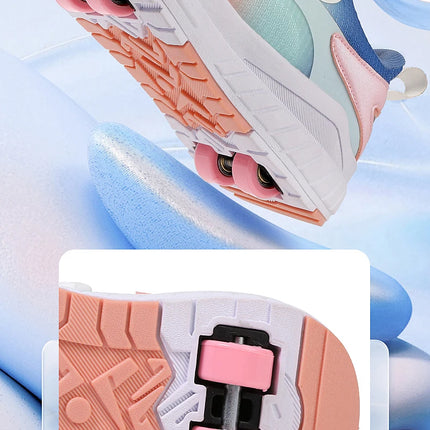 Kids Two Wheels Roller Skating Shoes with Light Magic Stick Walking Shoes, Detachable Wheels Roller Skate Shoes for Teenagers