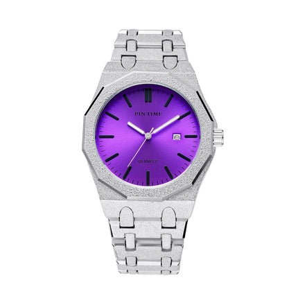 Octagon Wristwatch Glitter Textured Case Purple Dial Date Display Quartz Watch Unisex Stylish Trendy Casual Fashion Watch