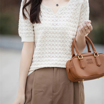 Women's T-shirt Summer New 100% Pure Cotton Tees Casual Solid Knitted Short sleeved V-neck Pullover Loose Tops Fashion Sweater