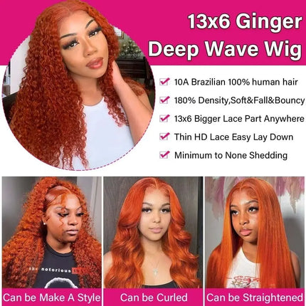 Curly 13x6 Lace Front Human Hair Wig Deep Wave 13x4 HD Lace Frontal Wig Water Wave Pre Plucked Orange Ginger Human Hair Wig