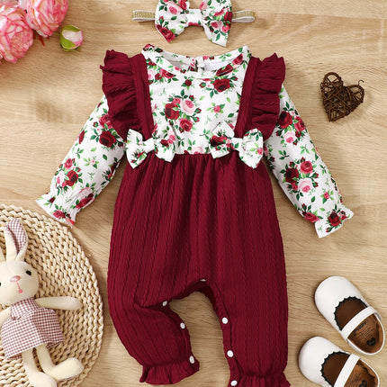 0-18 Months Newborn Baby Girl Romper Cute Floral Long Sleeve with Bow Bodysuit+Headband Infant Girl Spring&Autumn Jumpsuit