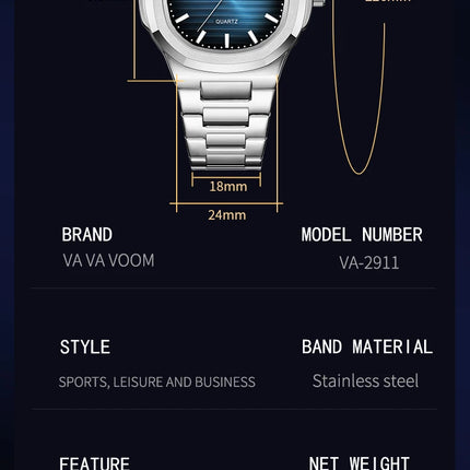 VA VA VOOM Square Luxury Men Wristwatch Waterproof Luminous Date Stainless Steel Male Clock Business Sports Quartz Watch for Men