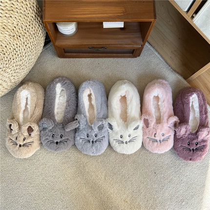 Winter Warm Slipper Women Home Fuzzy Fur Contton Plush Non Slip Grip Indoor Fluffy Lazy Female Mouse Ears Embroidery Floor Shoe