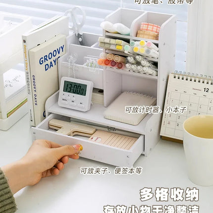 Mark Pen Pencil Holder Wooden Desk Organizers Shelves Accessories Desktop Stationery Organizer Bookshelf Home Office Storage Box