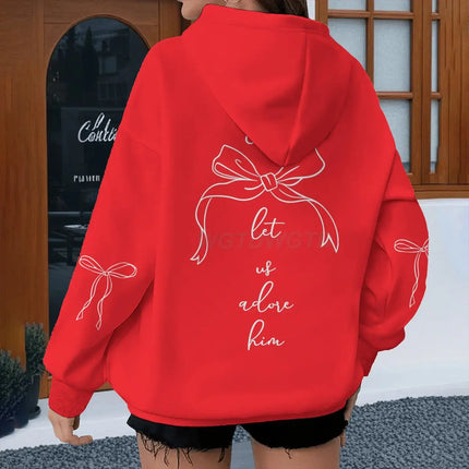 Coquette Bow Print Bible Verses Hoodies "Come Let Us Adore Him" Hoodie Fashion Women Vintage Fun Christian Jesus Hoody