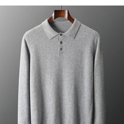 Men's POLO Collar Knitted Pullover Sweater 100% Cashmere Long Sleeved Shirt Casual Business Solid Color Men's Tops Autumn Winter
