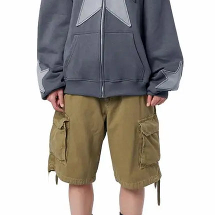 Y2K Vintage Star Print Hooded Hoodie for Women Casual Loose Long Sleeve Zip Up Drawstring Sweatshirts Autumn Spring Coat Street