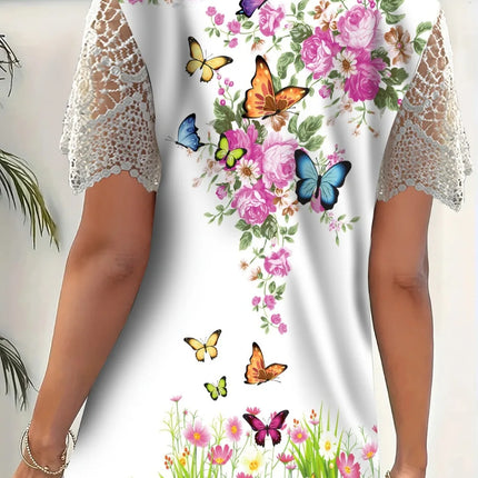 New Boho Flower Blouses Womens Fashion Shirt V-Neck Short Sleeve Flower Print Shirt Tops Casual Loose Ladies Floral Lace