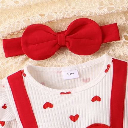 Baby Girls Valentine's Day Romper Dress Long Sleeve Ruffle Heart Letter Print Romper with Headband