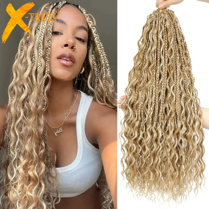 Synthetic Goddess Box Braid Crochet Hair 24" Honey Blonde Boho Bohemian Pre-looped Platinum Blonde Braiding Hair with Curly Ends