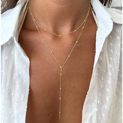 Gold Plated Stainless Steel Lariat Necklace, Dainty Long Layered Necklace for Women Girls, Y-Shaped Drop Pendant