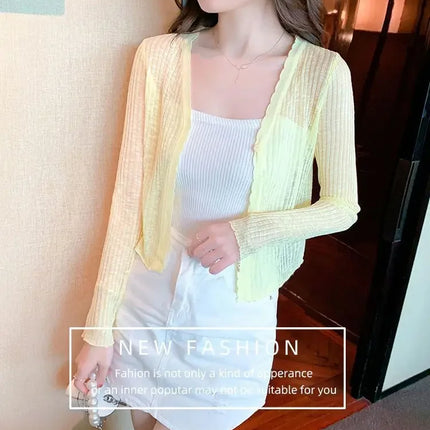 Slim Fit Knitted Long Sleeve Short Cardigan Women's Summer New Style Korean Version Thin Outerwear Pure Color Sun Protection Shi