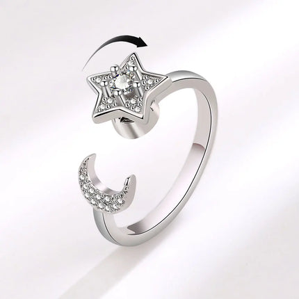 VENTFILLE 925 Sterling Silver Moon And Stars Zircon Rotatable Ring For Women Gift Diamond Relieve Stress Ring Jewelry Wholesale