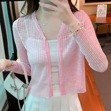 Slim Fit Knitted Long Sleeve Short Cardigan Women's Summer New Style Korean Version Thin Outerwear Pure Color Sun Protection Shi