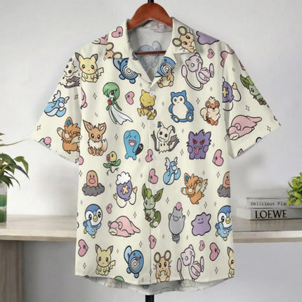 Pastel Yellow Kawaii Pokemon Character Hawaiian Shirt Summer Leisure Dry Quickly Men's T-Shirt Children's Clothing Tee Y2K Woman
