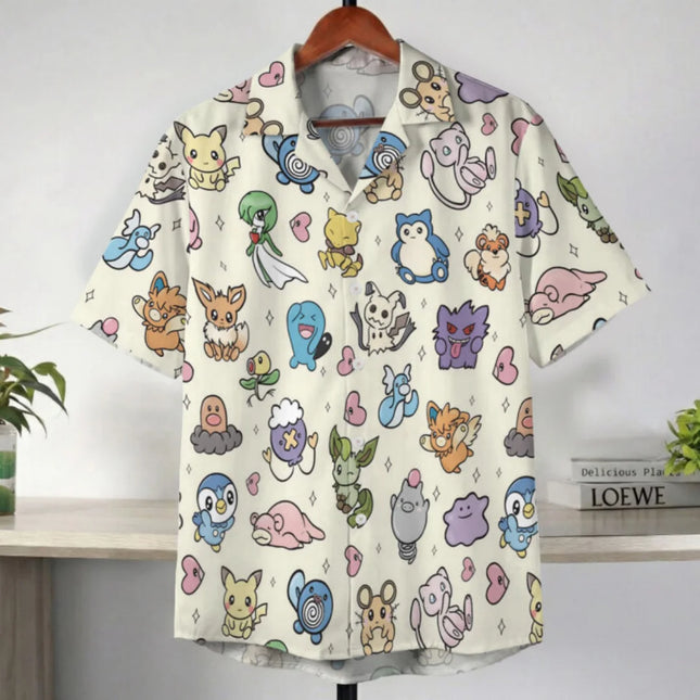 Pastel Yellow Kawaii Pokemon Character Hawaiian Shirt Summer Leisure Quick Dry Men's T-Shirt Children's Clothing Tee Y2K Woman
