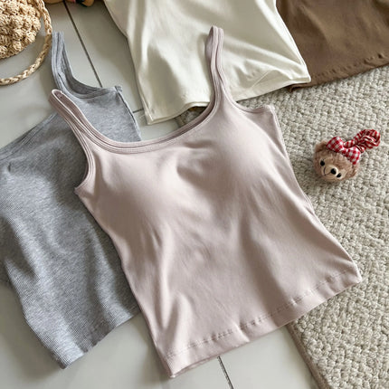 Women's Vest with Built-in Bra Pad Elastic Ribbed Square Collar Csole Tank Top ort Length  Color Versatile Summer F...